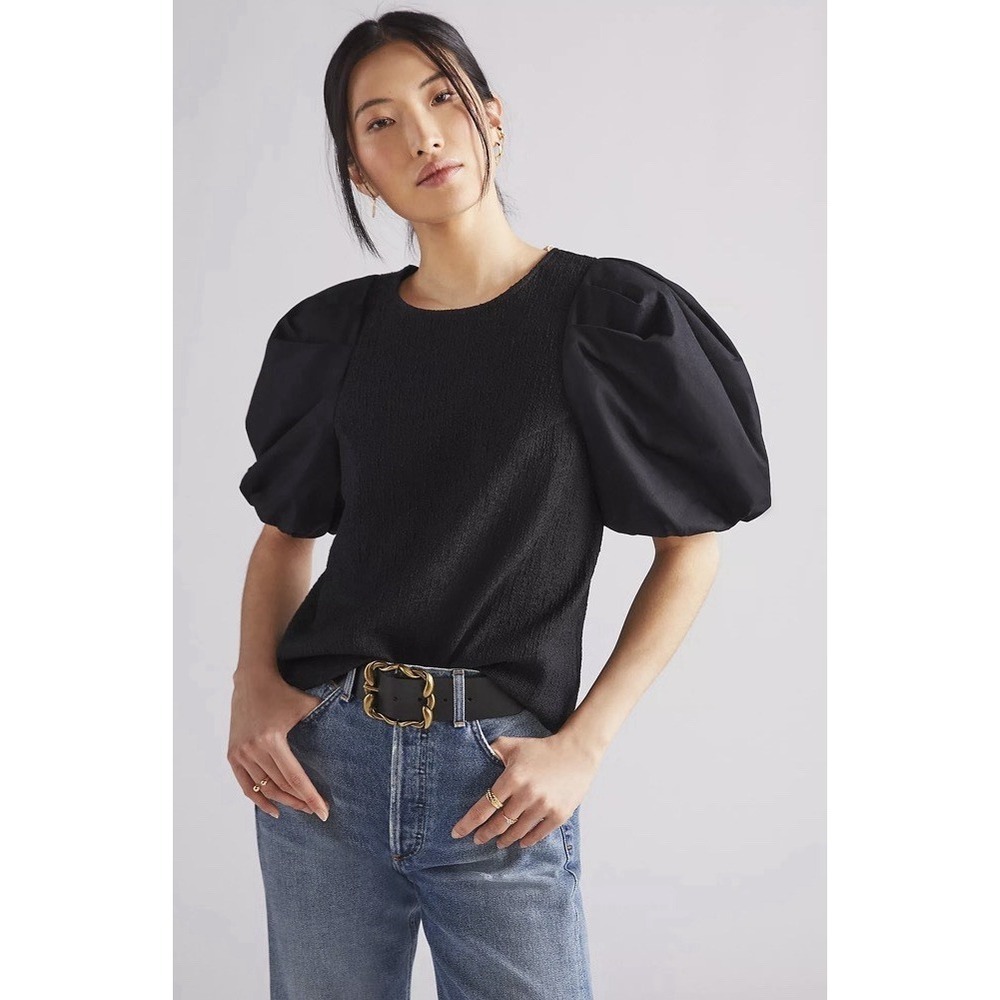 Anthropologie Puff-Sleeved Size XL Black‎ Top Keyhole Back